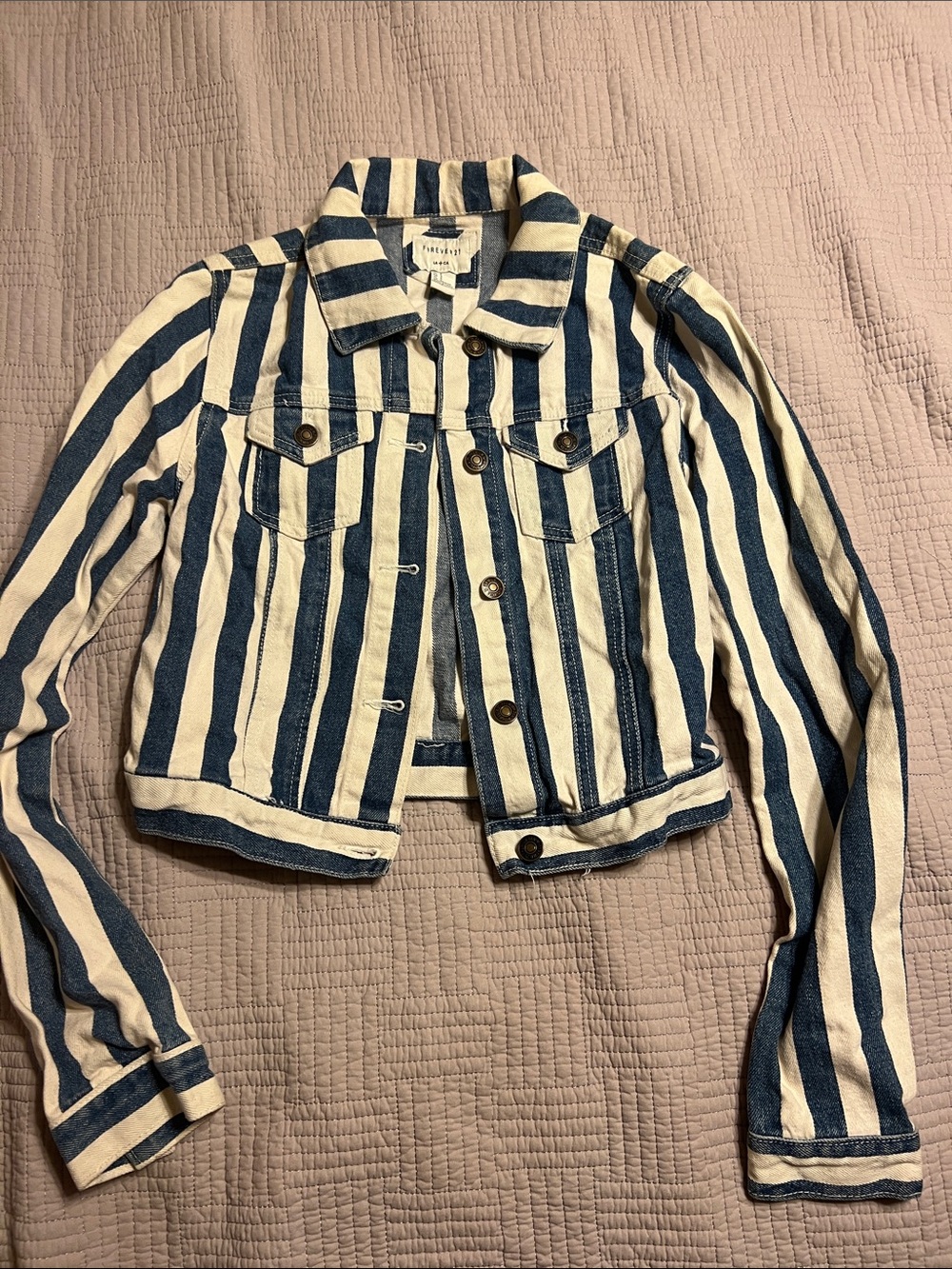 Forever 21 Blue and Cream Striped Cropped Denim Jacket